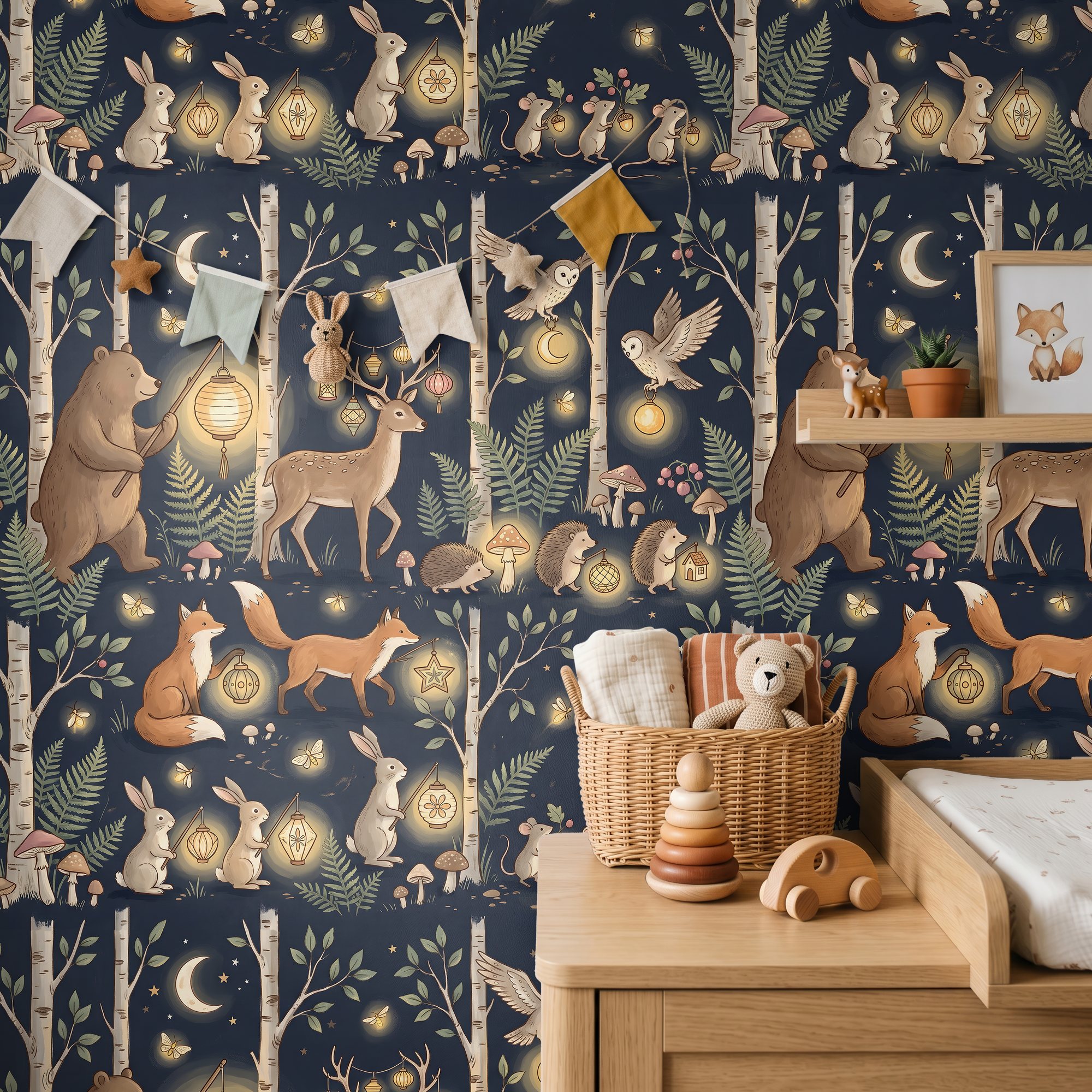 Lantern forest woodland wallpaper in a nursery with bunting, a shelf and a toy basket